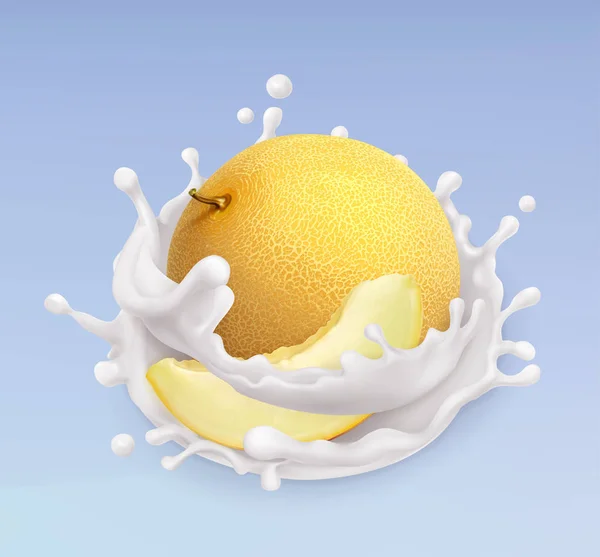 Melone e spruzzi di latte. Frutta e yogurt. Illustrazione realistica. Icona del vettore 3d — Vettoriale Stock