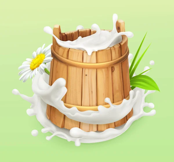 Milk. Rustic style. Wooden bucket. Natural dairy products. 3d vector icon — Stock Vector