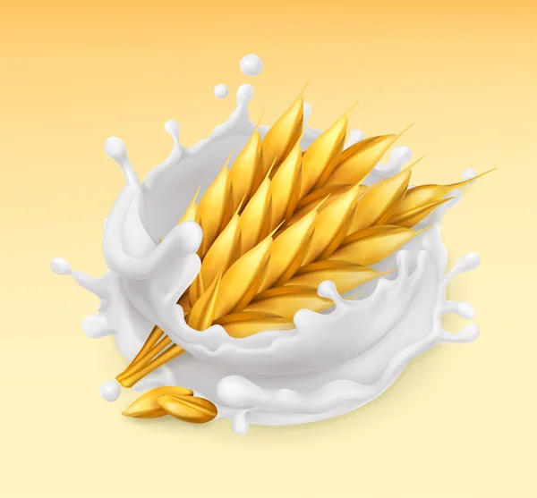 小麦とミルクのスプラッシュ。大麦の現実的なイラスト。3Dベクトルアイコン — ストックベクタ