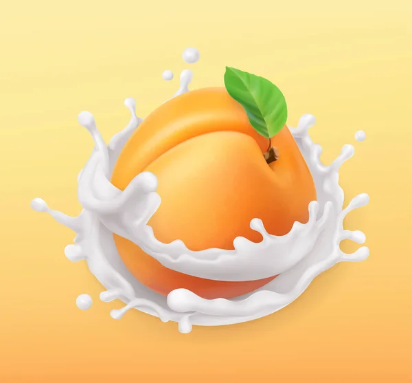 Albaricoque y salpicadura de leche. Fruta y yogur. Ilustración realista. icono de vector 3d — Archivo Imágenes Vectoriales