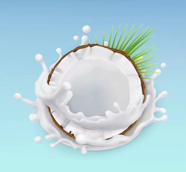Salpicaduras de coco y leche. Fruta y yogur. Ilustración realista. icono de vector 3d — Vector de stock