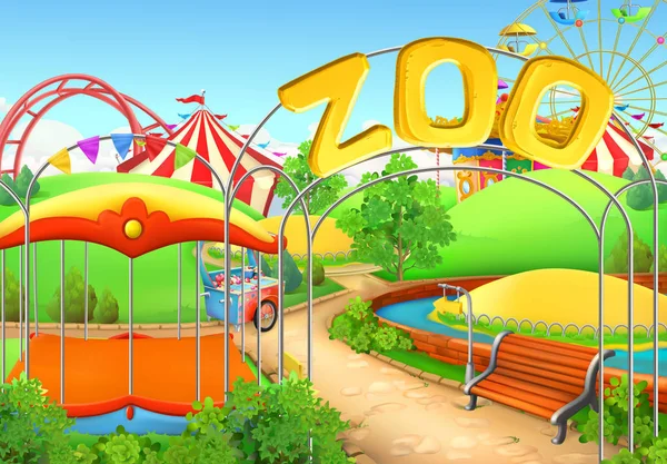 Zoo, fond vectoriel. Parc d'attractions. Aire de jeux pour enfants — Image vectorielle