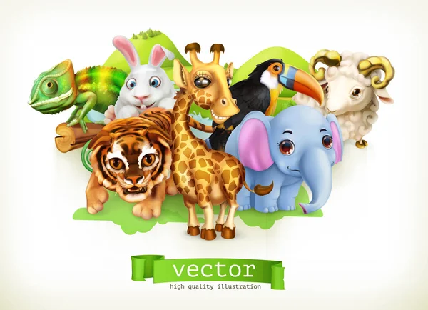 Girafa bonito, tigre pequeno, elefante bebê, camaleão, tucano, coelho feliz, cordeiro — Vetor de Stock