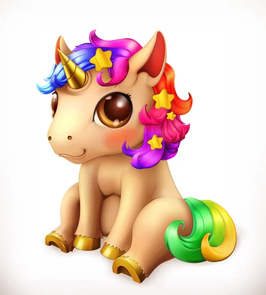 Piccolo personaggio dei cartoni animati Unicorno. Animali divertenti icona vettoriale 3d — Vettoriale Stock
