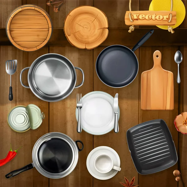 Utensilios de cocina. Ollas, sartenes, platos. Vista superior 3d vector objeto conjunto — Vector de stock