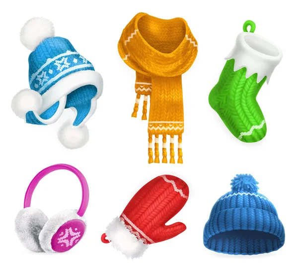 Winter clothes. Knitted hat. Christmas sock. Scarf. Mitten. Earmuffs — Stock Vector