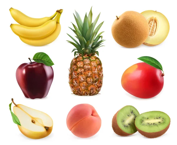 Sweet fruits. Banana, pineapple, apple, melon, mango, kiwi fruit, peach, pear. 3D vector icons set. Realistic illustrations — Stock Vector