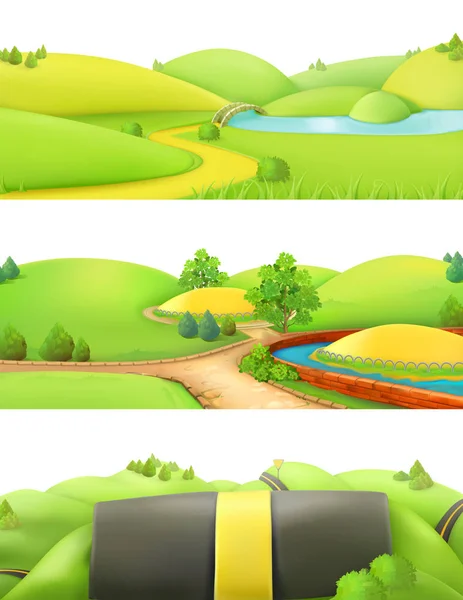 Cartoon spel met natuur landschap — Stockvector