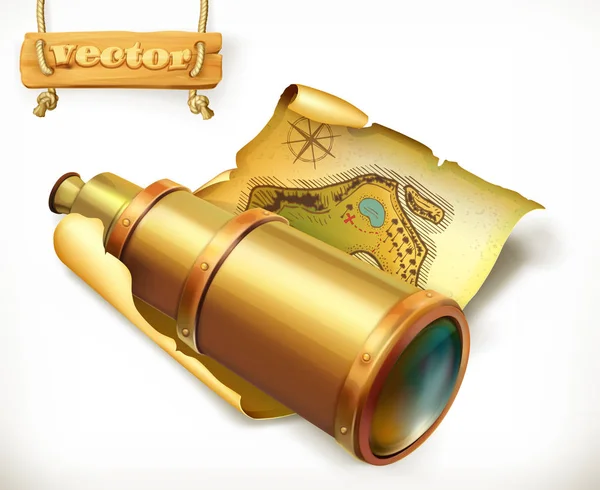 Mapa y catalejo dorado — Vector de stock
