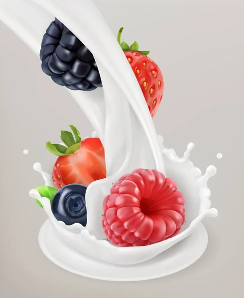 Milk splash and berries — Stock Vector