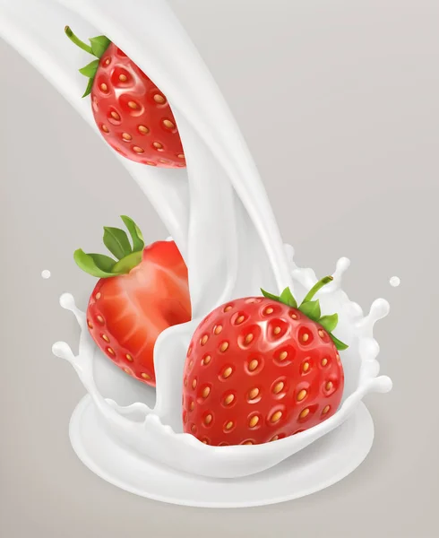 Milk splash and strawberries — Stock Vector