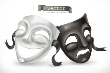 Siyah ve beyaz tiyatro maskeleri. Komedi ve trajedi, 3D vektör simgesi