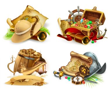 Hazine avı ve macera, oyun logo. 3D vektör Icon set
