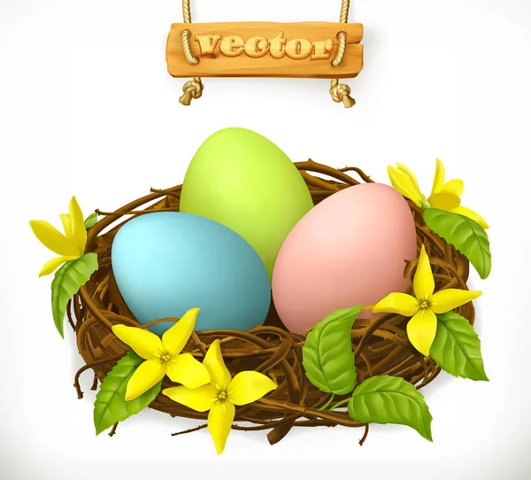 Bird nest, Easter eggs and spring flowers. 3d vector icon — Stock Vector