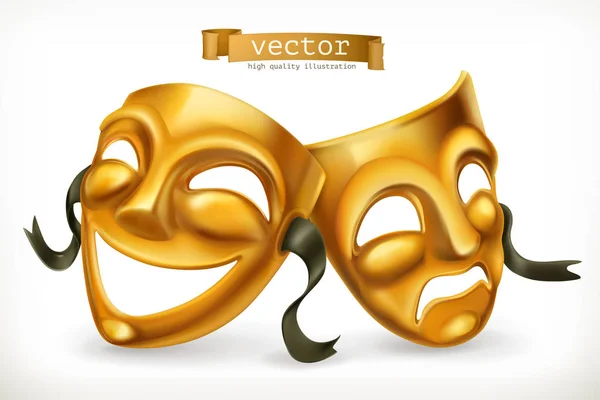 Maschere teatrali d'oro. Commedia e tragedia, icona vettoriale 3d — Vettoriale Stock