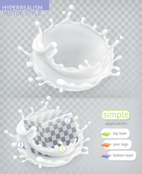 牛乳のスプラッシュ。リアリズム ベクトル スタイル単純なアプリケーション — ストックベクタ