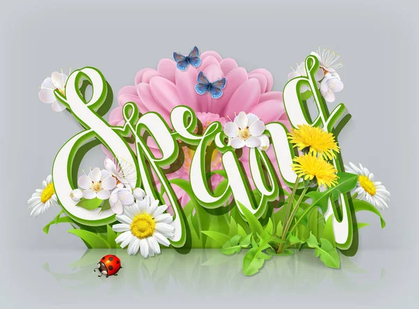 Spring lettering. Grass and flowers. 3d vector icon — Stock Vector
