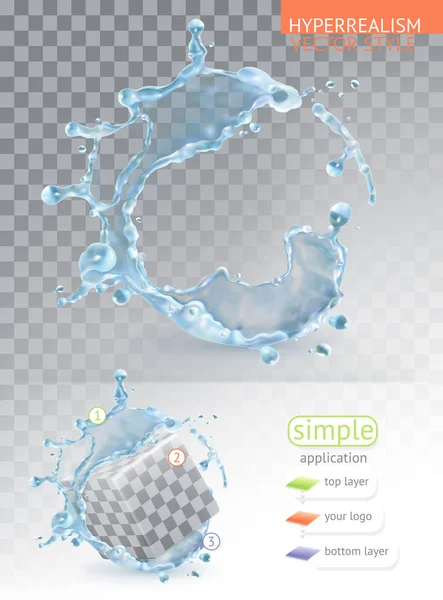 Percikan air dengan transparansi, gaya vektor hiperrealisme aplikasi sederhana - Stok Vektor