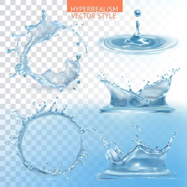 Salpicaduras de agua con conjunto de vectores de transparencia — Vector de stock