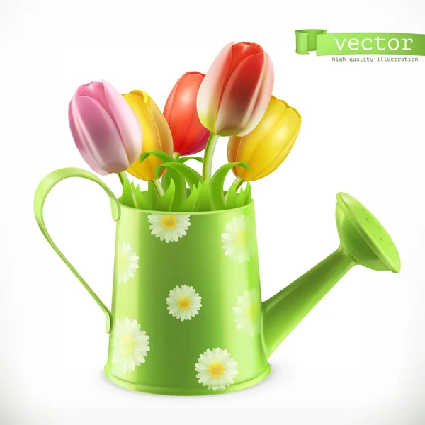 Regadera y un ramo de tulipanes, flores de primavera 3d vector icono — Vector de stock