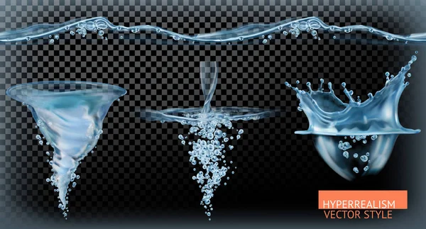 Tornado de agua con transparencia, conjunto vectorial hiperrealismo — Vector de stock