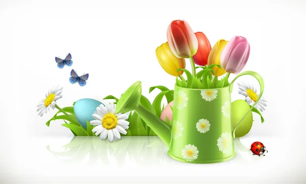 Arrosoir et fleurs de printemps bannière vectorielle 3d — Image vectorielle