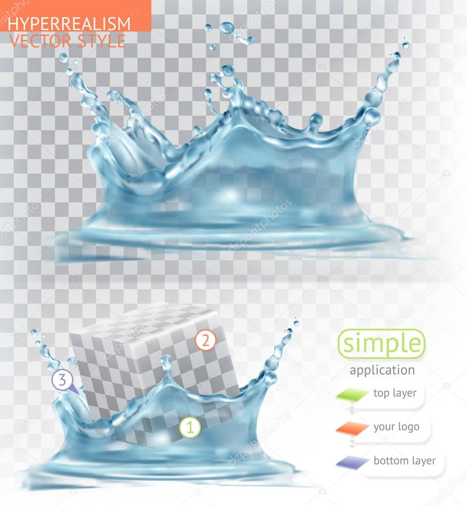 Water splash with transparency. Hyperrealism vector style simple application