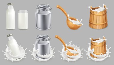 Süt kutusu ve su sıçratma. Doğal süt ürünleri. 3d vektör simgesi ayarlandı
