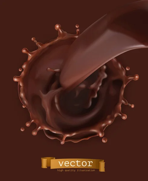 Tok čokolády, kapky a cákání. 3D vektorová ikona — Stockový vektor