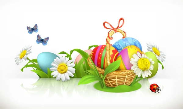 Великдень, кошик та яйця. Весняні квіти 3d векторний банер — стоковий вектор