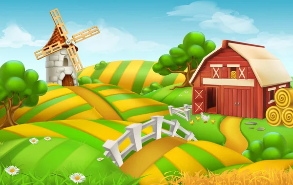 Bauernhof Feld Landschaft, 3D-Vektor Hintergrund — Stockvektor