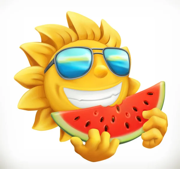 Fun summer sun with watermelon. 3d vector icon — Stock Vector