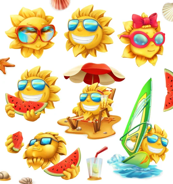 Eğlenceli yaz güneşi, vektör karakter. 3D simge seti — Stok Vektör