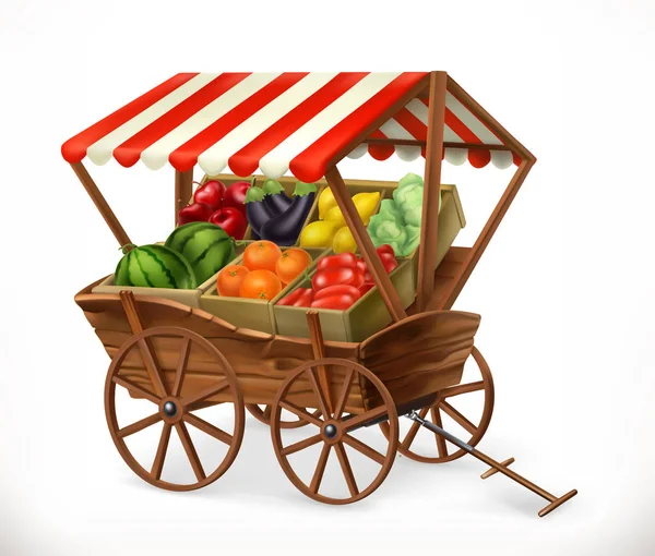 Verse producten markt. Winkelwagen met groenten en fruit, 3D vector icoon — Stockvector