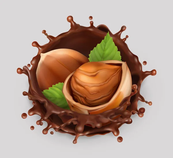 Hazelnut and chocolate splash. Realistic illustration. 3d vector icon — Stock Vector