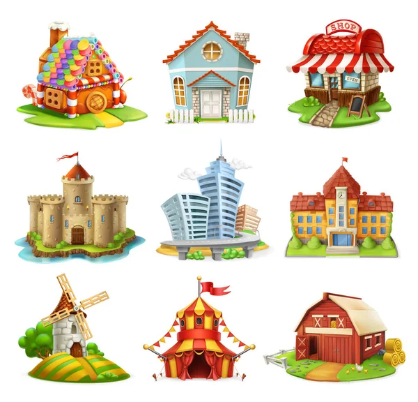 Casas y castillos. Edificios 3d vector iconos conjunto — Vector de stock