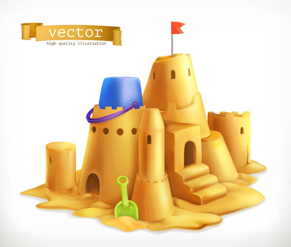 Sand play, sandcastle 3d vector icon