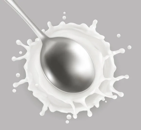 Cuchara y salpicadura de leche. icono de vector 3d — Vector de stock