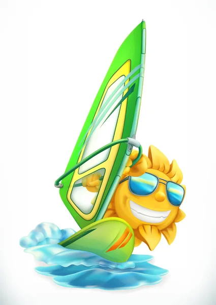 Yaz rüzgar sörfü. Sörf tahtasında komik bir güneş 3D vektör simgesi — Stok Vektör