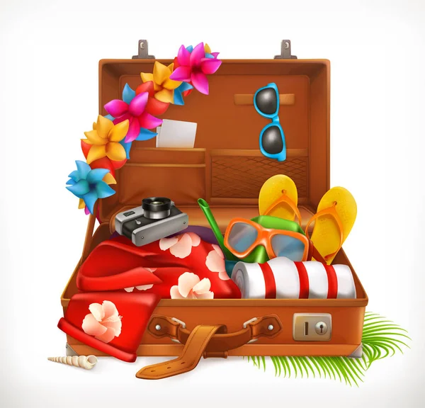 Vacaciones tropicales. Vacaciones de verano, maleta abierta. icono de vector 3d — Vector de stock