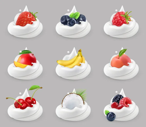 Whipped cream with fruits and berries, 3d vector icon set — Stock Vector