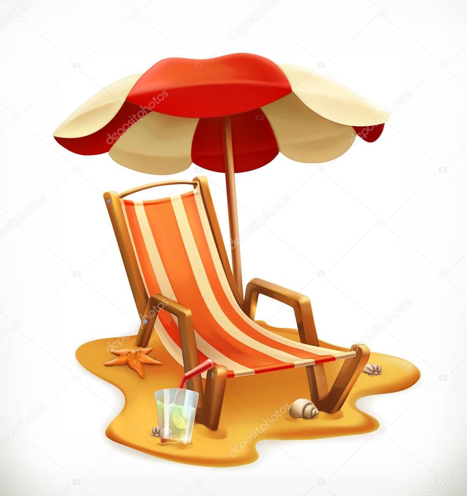 Beach umbrella and lounge chair, 3d vector icon