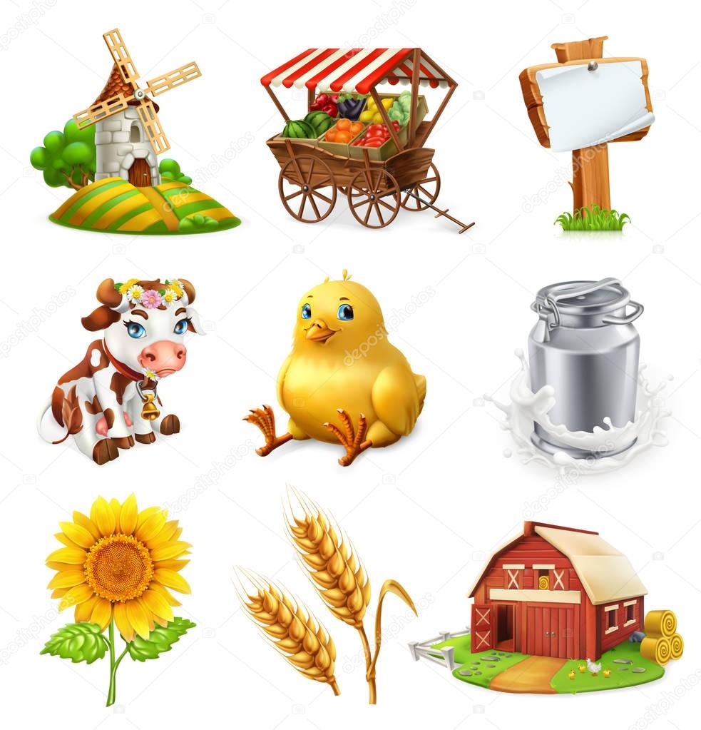 Farm set. Agricultural plants, animals and buildings. 3d vector icon