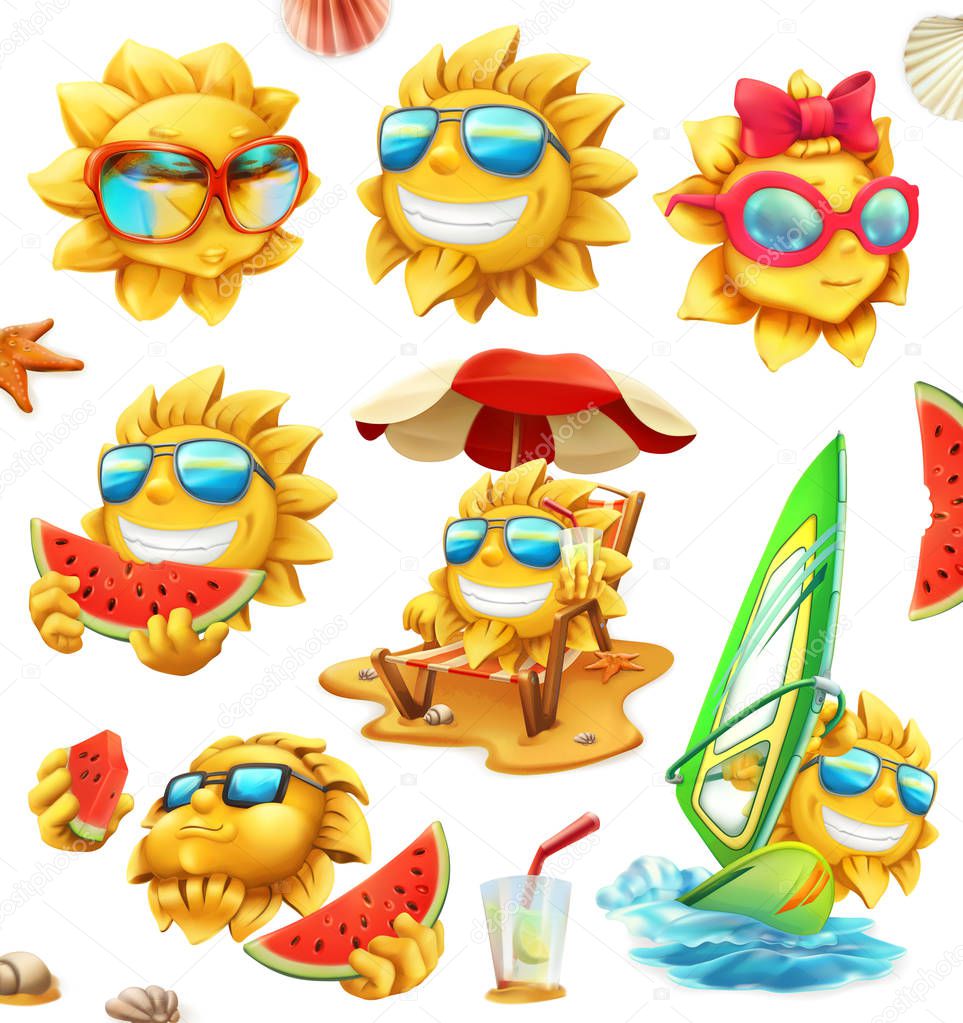 Fun summer sun, vector characters. 3d icon set