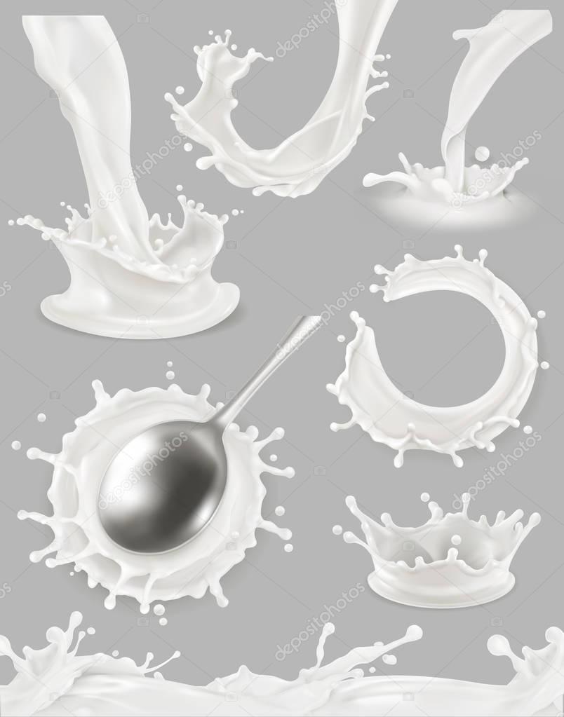 Milk drop and splash. 3d vector object set