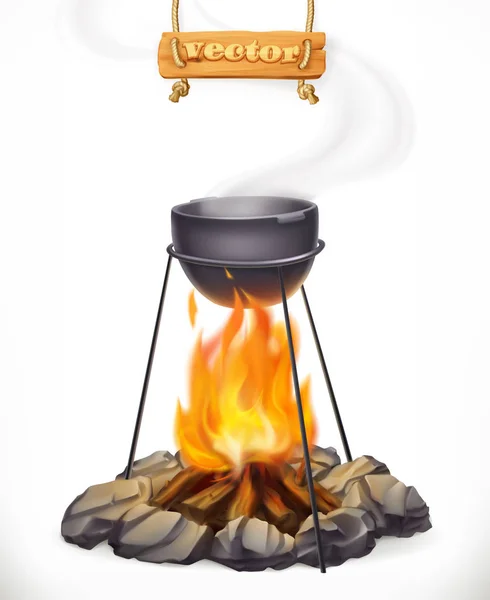 白の上で焚き火の上の鍋 — ストックベクタ