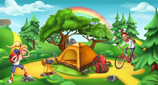 Campingplatz und Backpacker — Stockvektor
