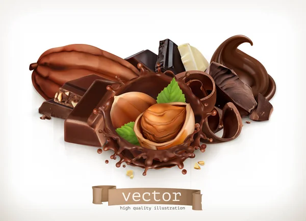Cioccolato e nocciole su bianco — Vettoriale Stock