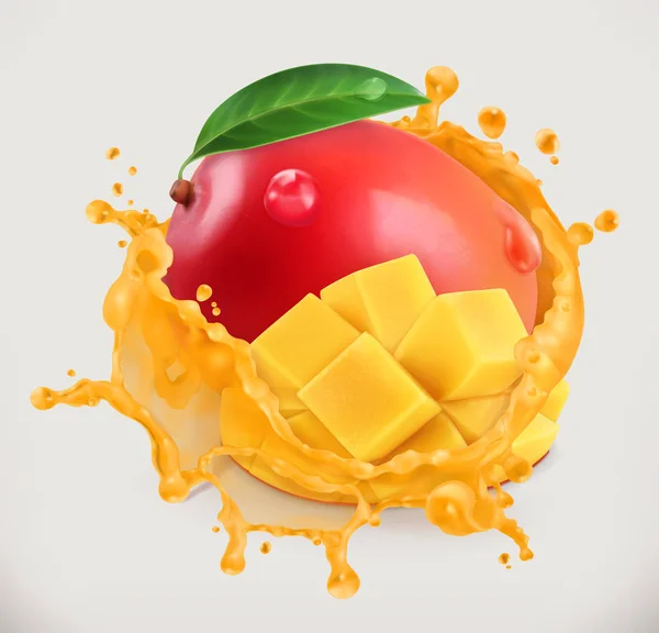 Mango y trozos en chorrito de jugo — Vector de stock