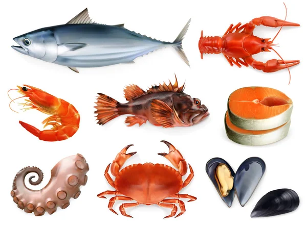 Various types of seafood set — Stock Illustration Various types of seafood set Stock Illustration